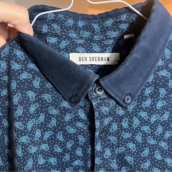 Men’s Ben Sherman Polo Collared Navy Blue Paisley Print Shirt SZ L 100% Cottton - Picture 4 of 7